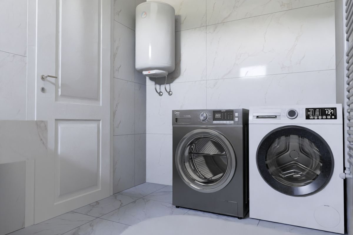 Laundry room with washer and water heater