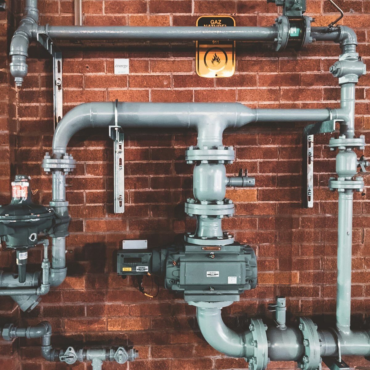 System boiler pipework close-up, square crop for gas leak response about section