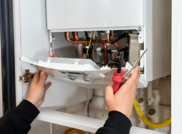 Heating engineer inspecting and servicing a domestic boiler